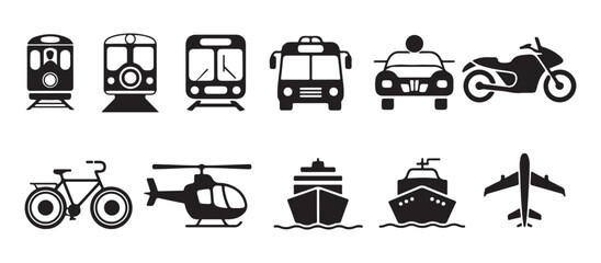 Simple Black and White Icons of Various Transportation Modes