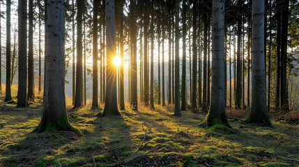 Obraz premium Sunset In Conifer Forest With Golden Light