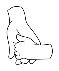 The parent's hand holding the child's hand is drawn with lines. Love for children. Big and small hand contour illustration