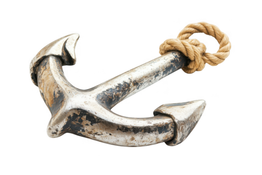 Rustic Silver Anchor with Twisted Rope Detail on a Transparent Background