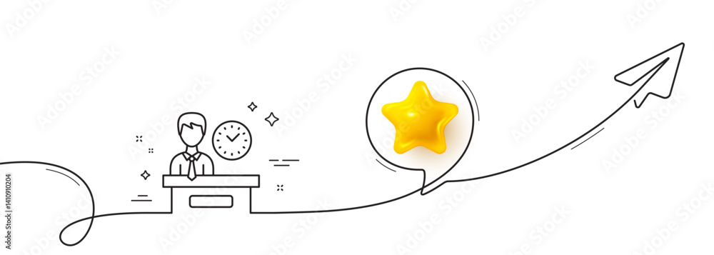 Poster presentation time line icon. continuous line with share plane. watch sign. 3d star in speech bubble.