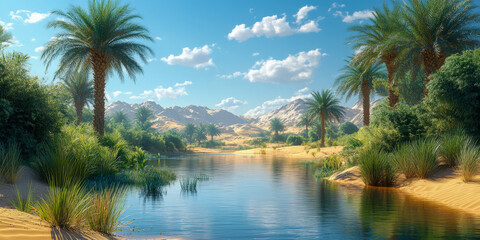 Obraz premium Explore a breathtaking oasis surrounded by lush palms and serene waters under a clear blue sky