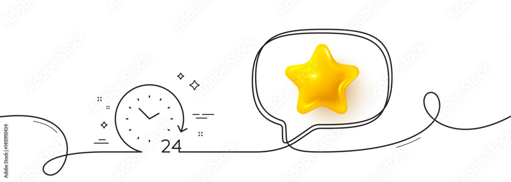 Poster 24 hours time line icon. continuous line with 3d star. clock sign. watch symbol. 3d star in speech b