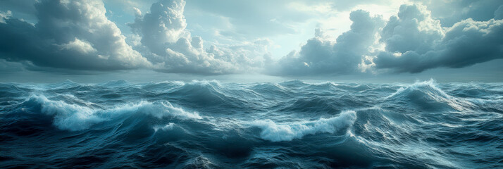 Dynamic ocean waves under a dramatic sky with clouds illuminated by soft light at dusk
