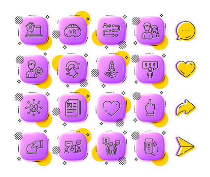 Teamwork, Person idea and Lawyer line icons. App 3d buttons. Social media comment, share, like icons. Pack of Heart, Work home, Donate icon. Couple, Crowdfunding, Middle finger pictogram. Vector