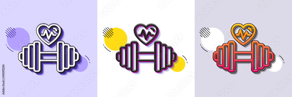 Aufkleber dumbbell with heartbeat line icon. halftone dotted pattern. gradient icon with grain shadow. workout