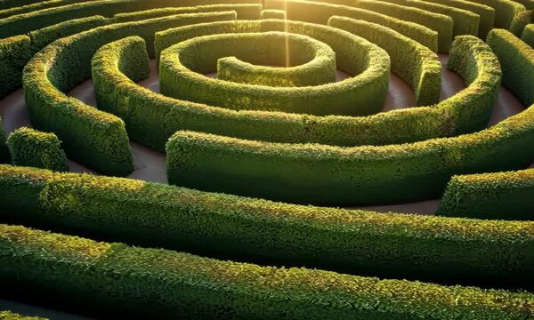 Sunlit green hedge maze with intricate spiral design