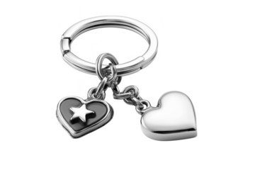 Silver Keychain with Heart and Star Charms on a Transparent Background