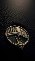close up of a car emblem on a leather surface