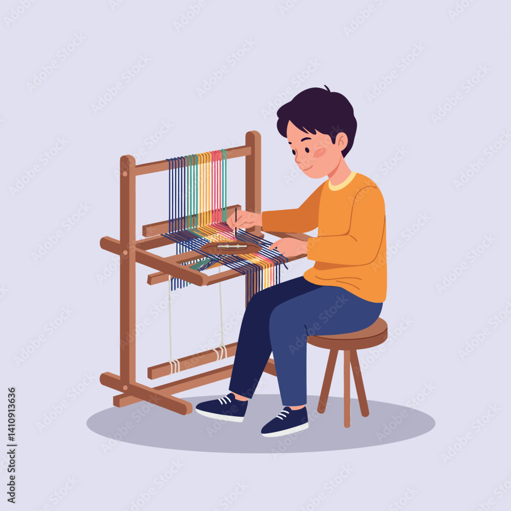 Poster young boy weaving colorful threads on traditional loom flat minimal vector art in calm studio settin