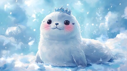 Obraz premium Adorable Royal Cute Seal: Whimsical Fantasy Art in a Winter Ice Seascape with Cheerful Marine Life Background