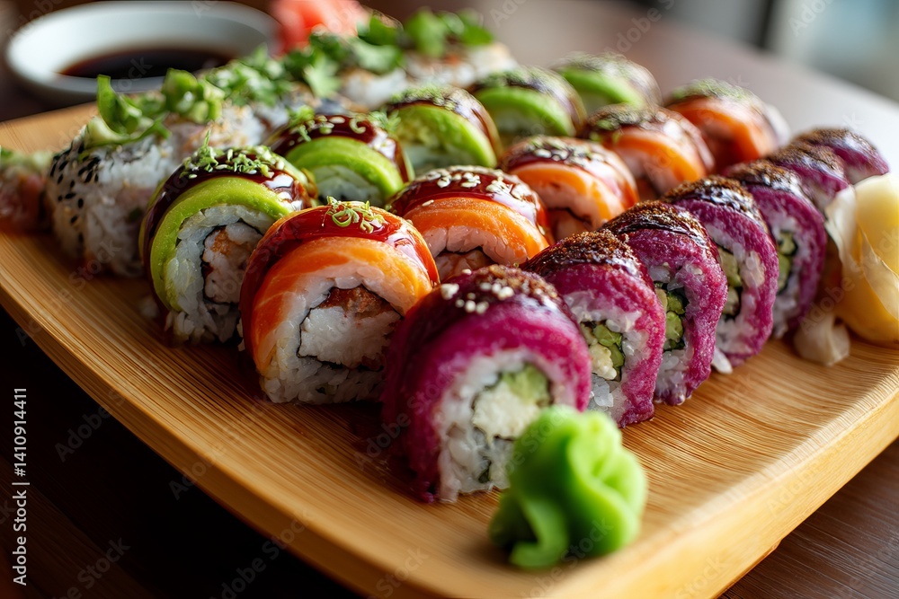 Poster a colorful array of sushi rolls arranged on a wooden serving tray with wasabi and soy sauce dish
