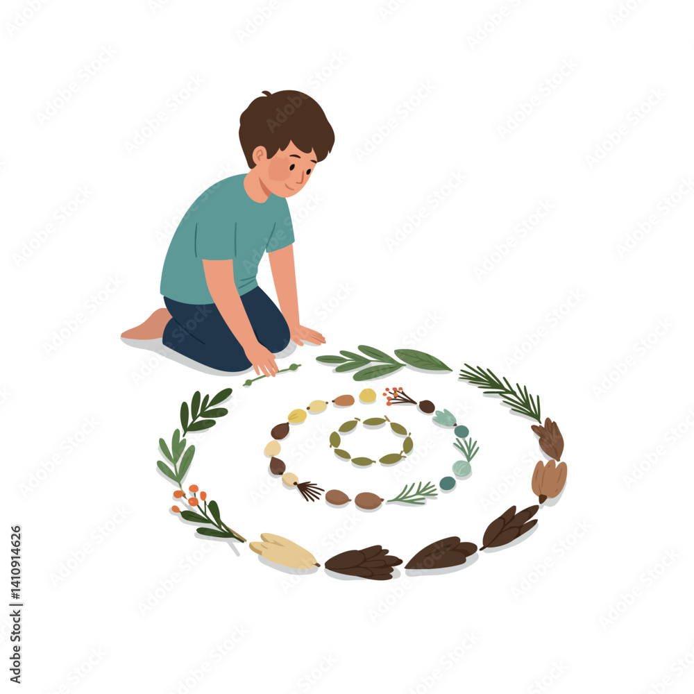 Aufkleber young boy creating spiral pattern with natural objects in flat minimal style vector art emphasizing 