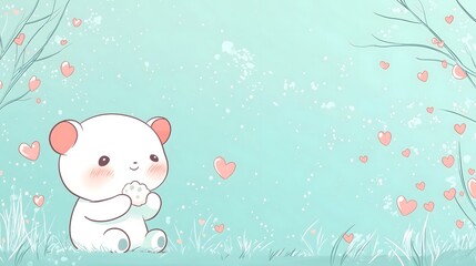 Whimsical Kawaii Cartoon Bear - Cute Pastel Colors & Love Hearts in Serene Nature Scene
