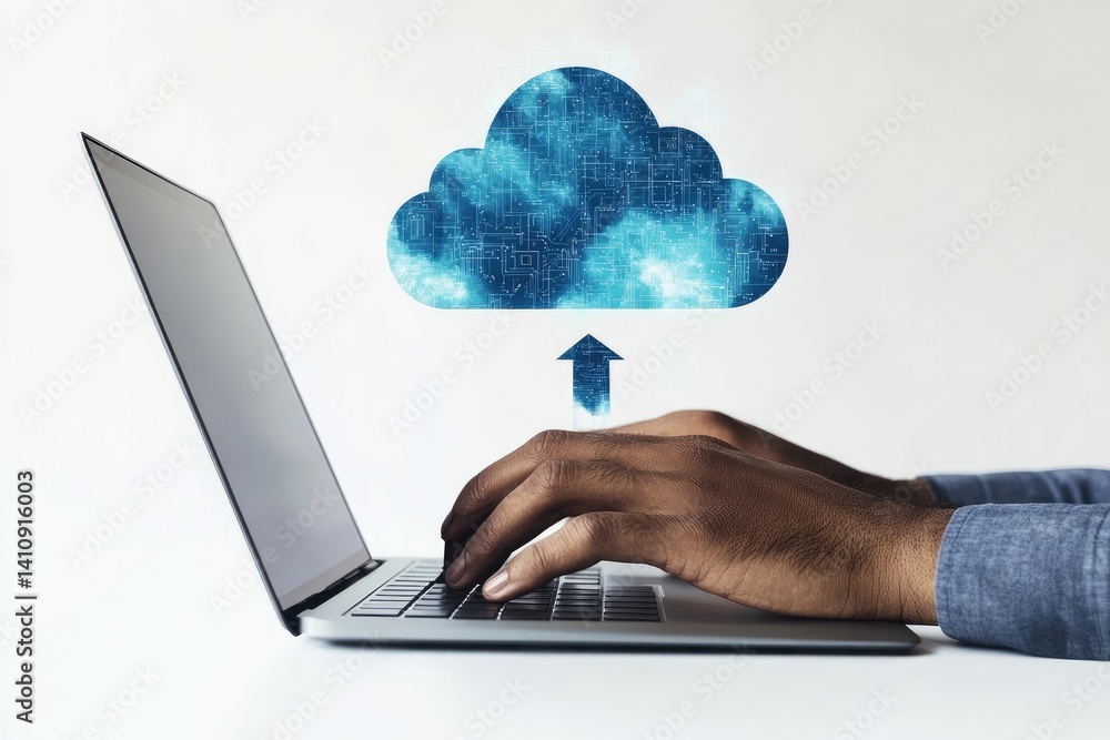Poster hands upload data to cloud via laptop