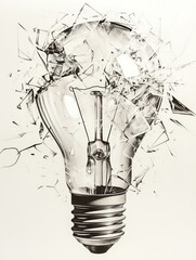 Minimalist ink sketch of a light bulb exploding in the dark — shattered but still whole — symbolizing the fragile yet powerful nature of ideas, inspiration, and innovation.