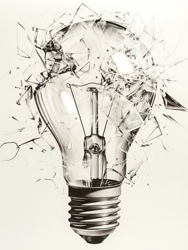 Minimalist ink sketch of a light bulb exploding in the dark &mdash; shattered but still whole &mdash; symbolizing the fragile yet powerful nature of ideas, inspiration, and innovation.