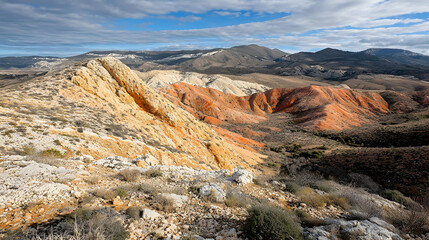 Obraz premium Colorful Rocky Landscape With Hills And Valley Under Cloudy Sky