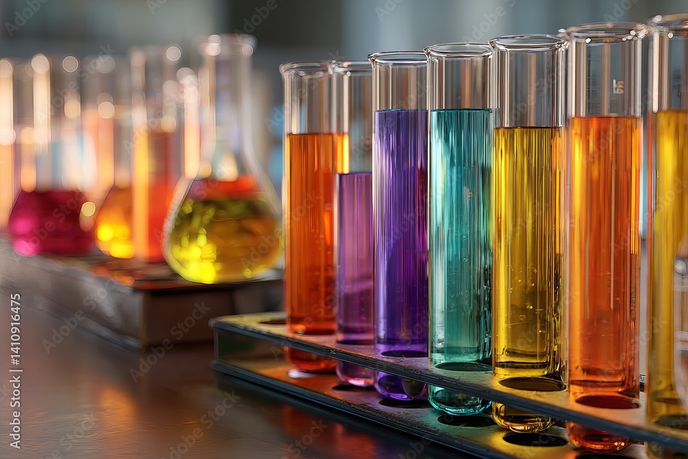 Poster close up of test tubes and flasks filled with colorful liquids in a laboratory setting for science