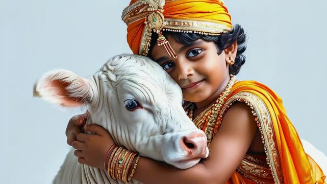 Tender Embrace of Krishna: Boy dressed as Lord Krishna in traditional Indian attire tenderly hugging a calf, love, beauty and serenity