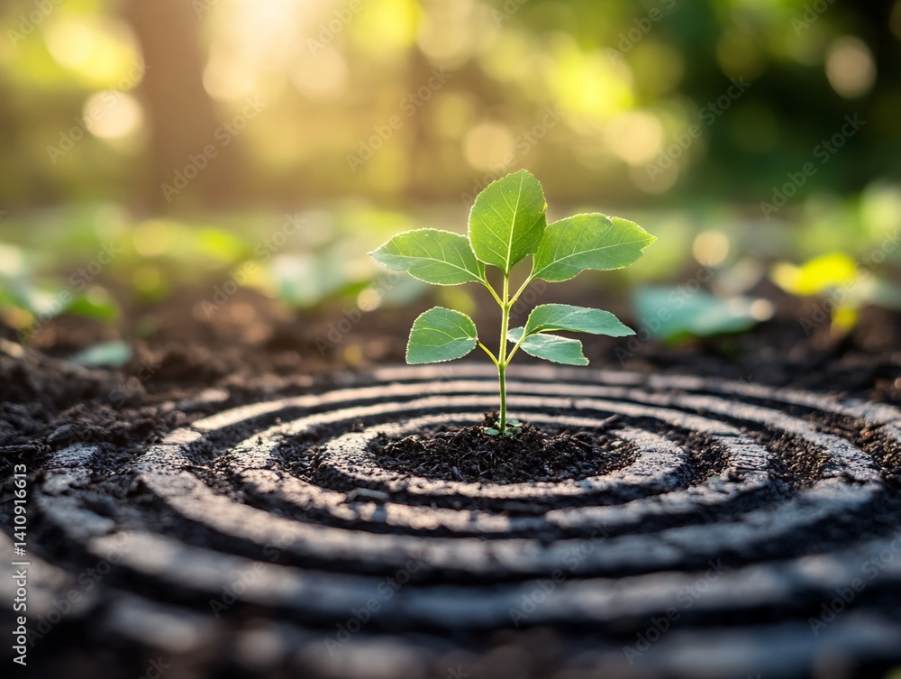 Poster seedling in concentric circles of soil