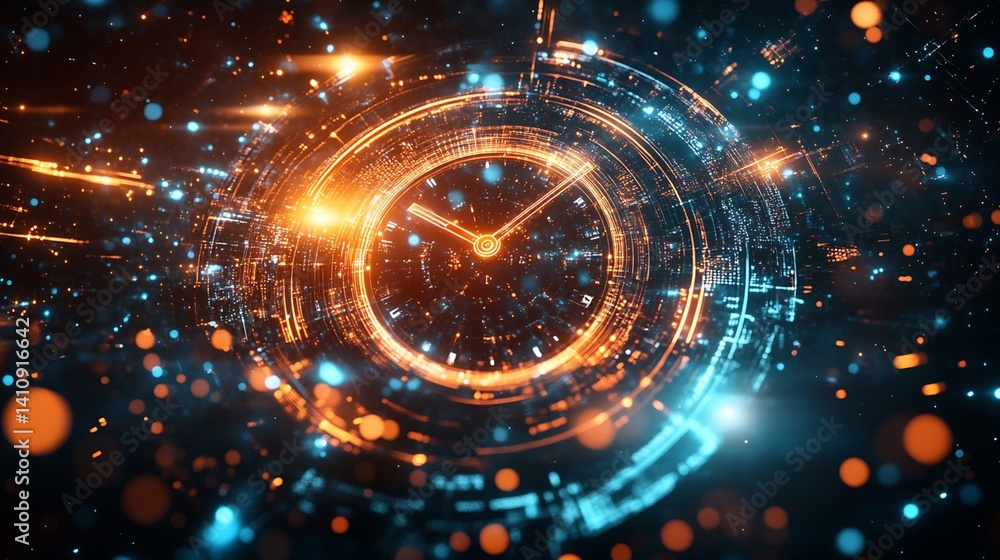 Poster abstract digital clock with concentric rings and particles