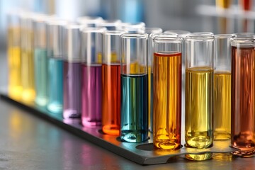 A close up of a rack filled with test tubes containing colorful liquids in a laboratory setting