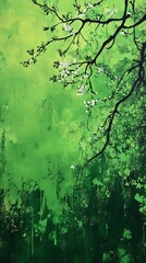 Abstract Painting: Green Background with Branch and White Blossoms