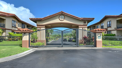 Naklejka premium Gated Community Entrance With Metal Gates