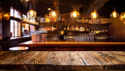 Pub bar counter with wooden table background