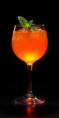Colorful cocktail with orange, strawberry, cherry and lime on the dark background with blurred lights in the bar