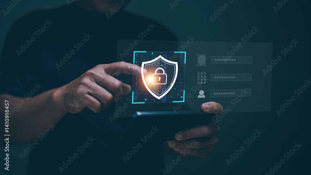 Aufkleber Personal data security. Network security technology concept. Protecting information from cyber attacks. Businessman pointing at shield and padlock for data protection from cybercrime by password.