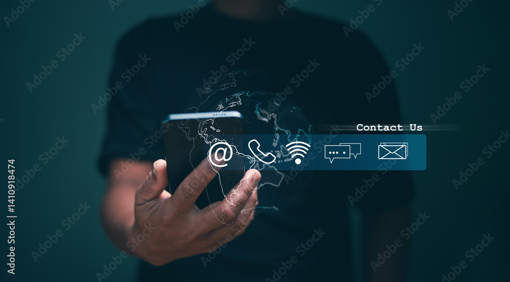 Poster concept of using mobile app technology to contact customers. customer support hotline people connect