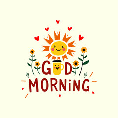 Greeting card with a smiling sun and a coffee mug that says good morning.
