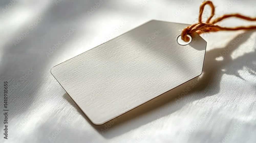 Aufkleber blank tag with string lies on textured surface with soft shadows