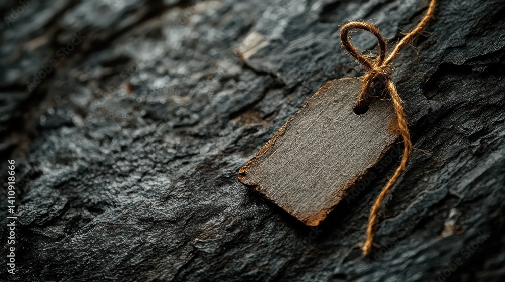 Poster blank tag on textured slate rock background with a string bow detail