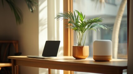 Sunlit workspace featuring a modern laptop, indoor plant and sleek lamp