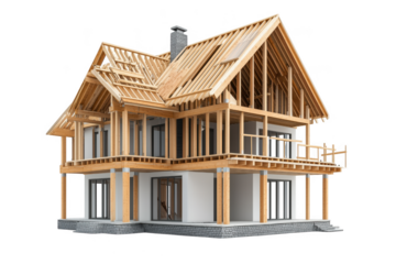Wooden Frame House Under Construction with Exposed Beams and Stone Foundation isolated on a transparent background