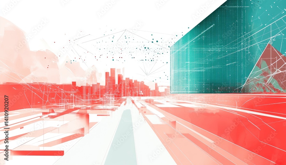Poster abstract cityscape with teal data streams and red infrastructure, suggesting technological integrati