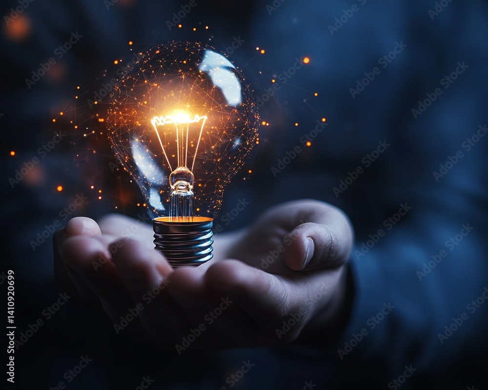 Aufkleber glowing lightbulb with network nodes held in hands