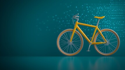 Fototapeta premium Bright yellow bicycle positioned against a teal background with digital patterns, symbolizing modern transport