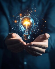 Glowing Lightbulb Held in Hands with Network Connections