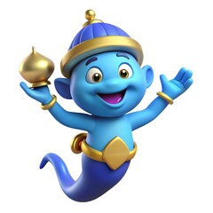A cartoon blue genie with a golden lamp wearing a blue hat and golden accessories on a white background