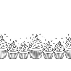 Cupcake Border, Black & White Hand-Drawn Line Art, Festive Decor