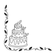 Elegant Line Art Wedding Cake with Floral Corner Border