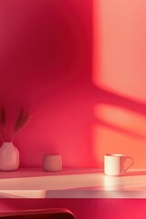 white mug and vase on sunlit pink background. modern minimalist design with warm tones. interior decor, cozy home