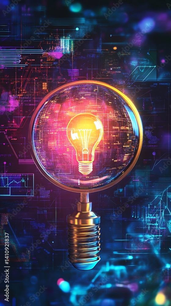 Aufkleber magnifying glass enclosing illuminated lightbulb with digital background