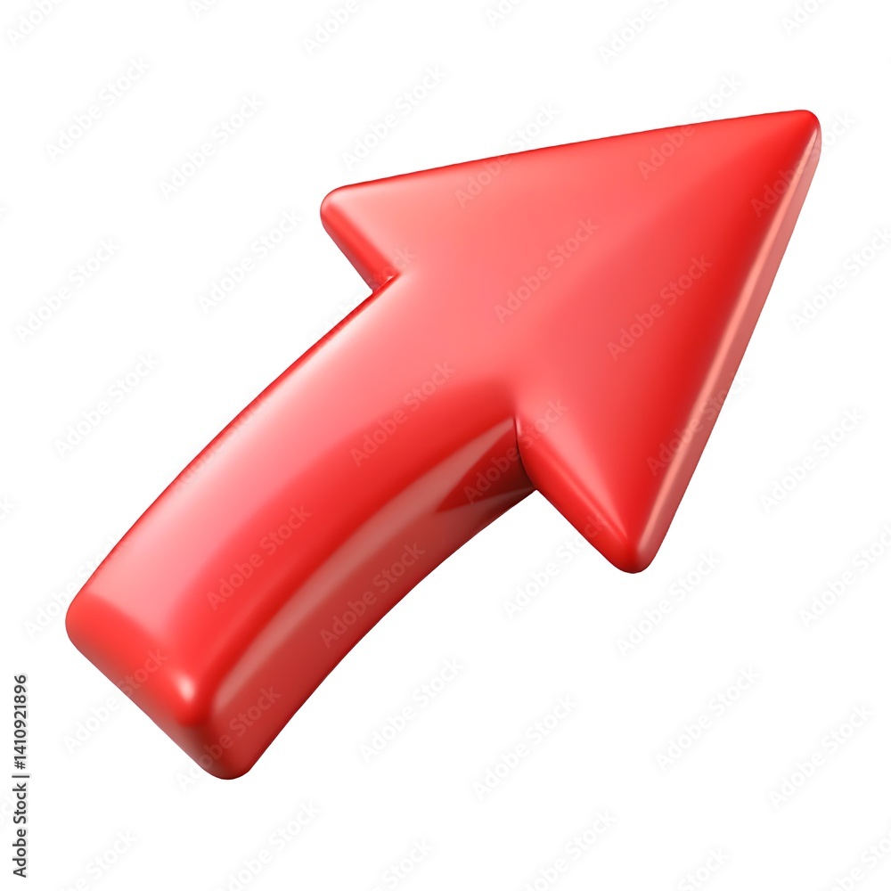 Aufkleber a single red arrow pointing diagonally upwards on a white background in a studio shot setting style