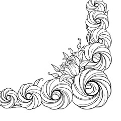 Elegant Floral Corner Design with Swirls, Grayscale Illustration