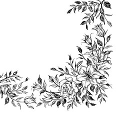 Elegant Floral Corner Design - Vintage Botanical Illustration, Black & White